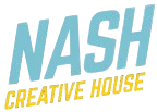 Nash Creative House logo featuring bold blue and yellow typography inside a circular yellow border on a dark blue background. Nash Creative House official logo